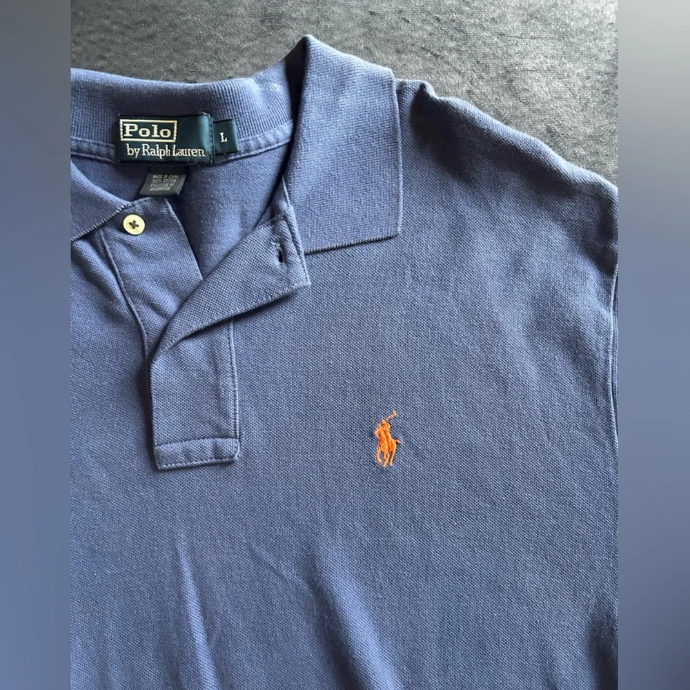 Polo Ralph Lauren Men's Polo Shirt in Dusty Blue with Orange Logo-L